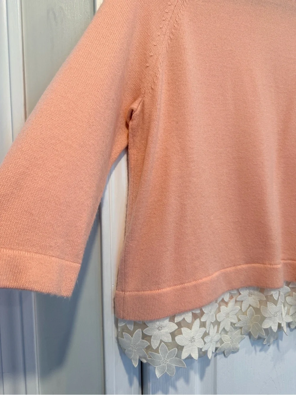 J.Crew Size M Peach Knit Sweater w Floral Lace Hem Merino Wool Blend 3/4 Sleeve